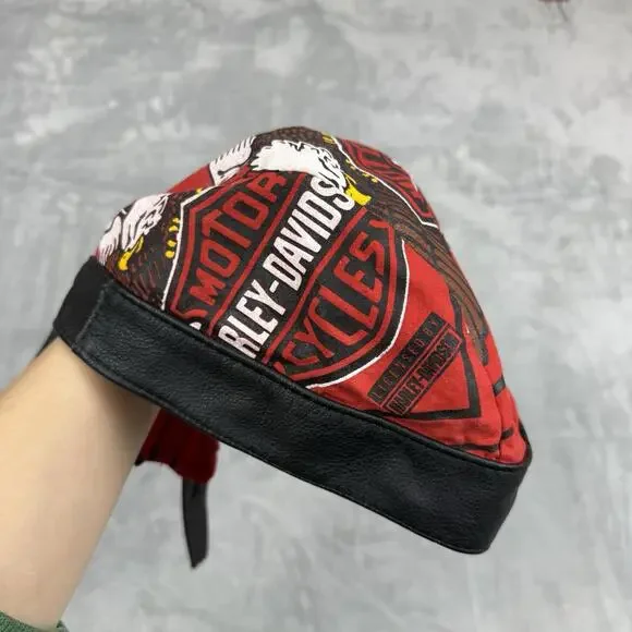 VTG Harley Davidson Red Do Rag Bandana Headwrap Leather Trim Motorcycle Gear Y2K - Picture 8 of 11